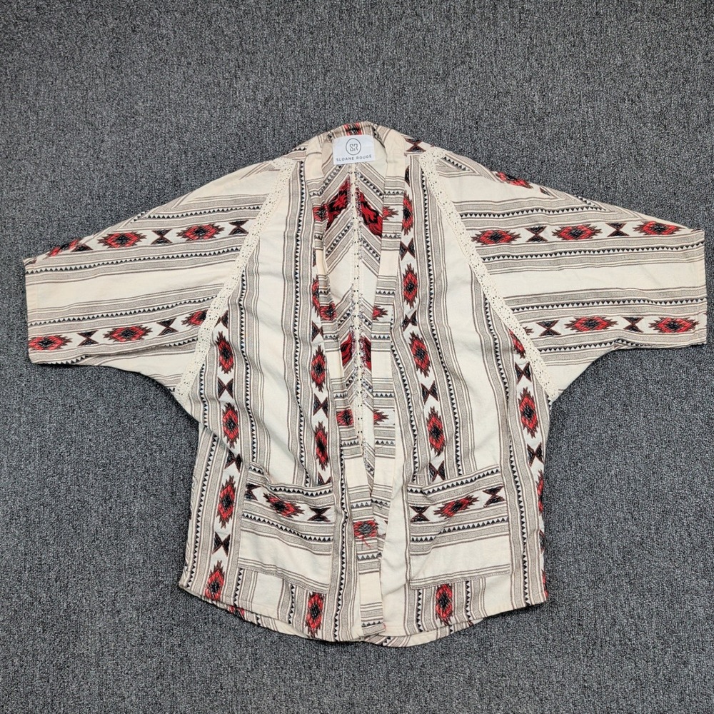 Sloane Rouge Vintage Boho Kimono Wrap OS Cream Southwestern Tribal Crochet